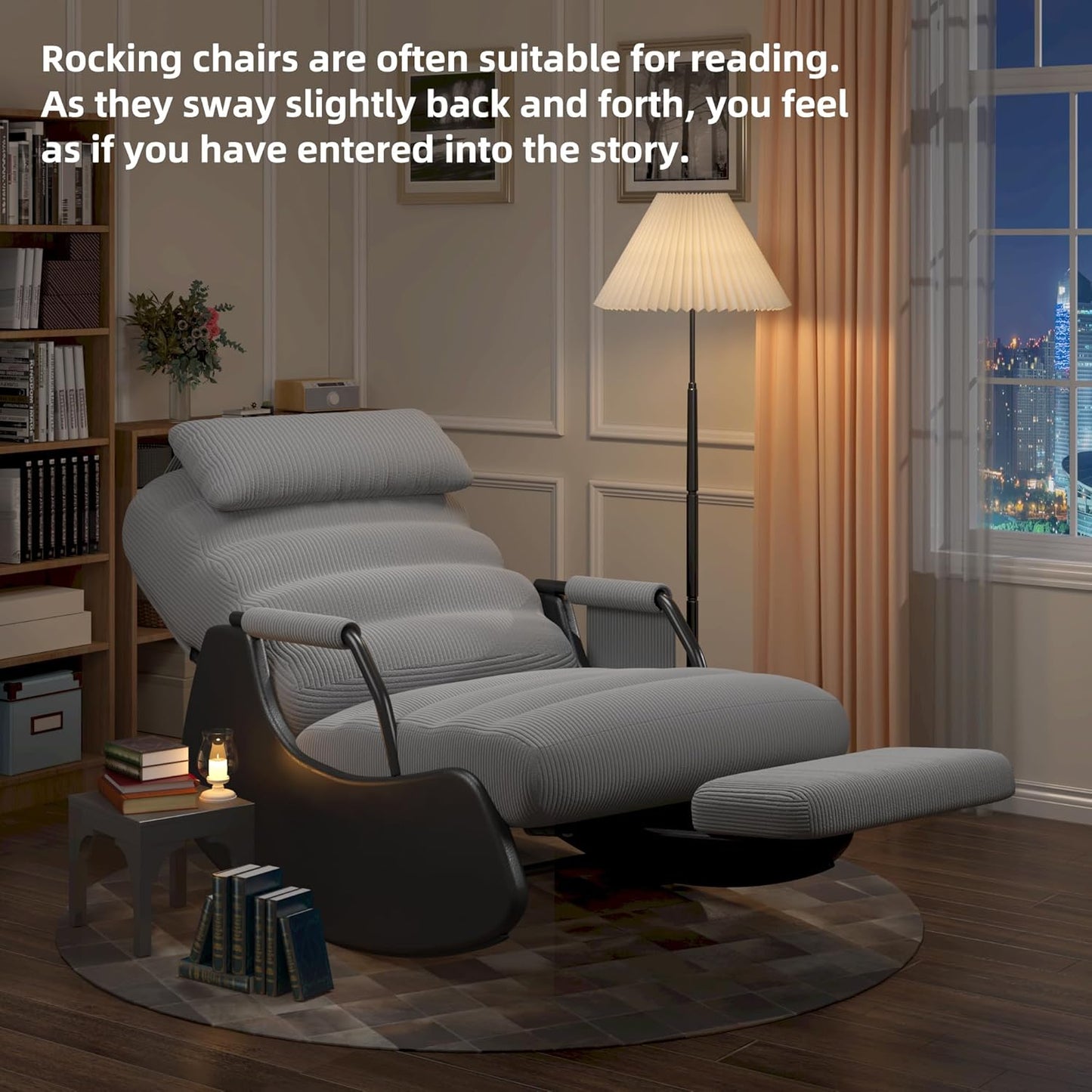 Polar Aurora Nursery Rocking Chairs with Soft Seat and Headrest,Corduroy Fabric Accent Chair with Side Pocket,Glider Rocking Chair for Bedroom/Living Room/Nursery(Dark Grey/Black)