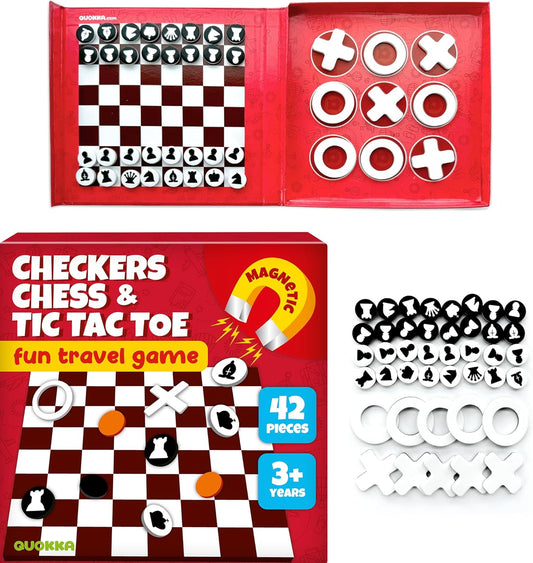QUOKKA Magnet Game for Kids 3-5 - 3 in 1 Chess&Checkers&TicTacToe Game Kids Ages 4-8 - Travel I Road Trip I Plane I Car Ride - Magnetic Toddler Travel Toys