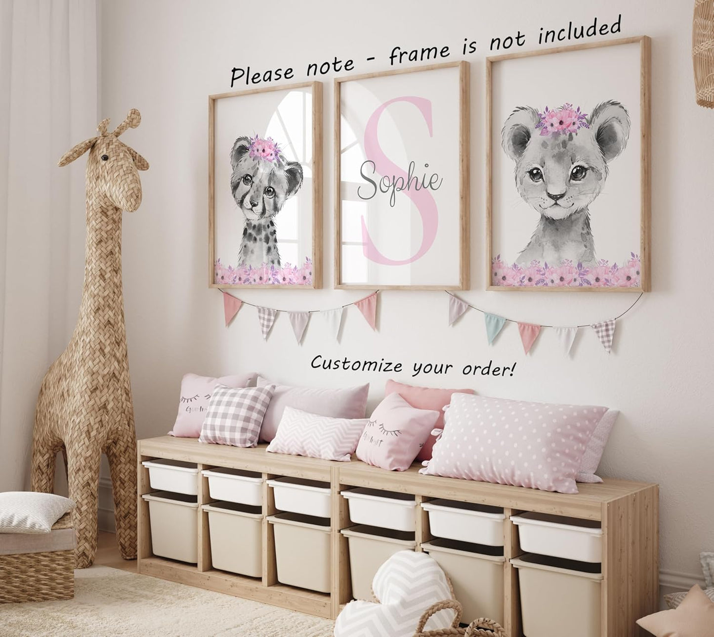 Safari Animals Girls Nursery Bedroom Unframed Set of 3 Poster Prints, Personalized Name Pink or Purple Flowers Wall Art Decor New Baby Gift Present, Elephant Giraffe Panda Zebra Lion (12x16)