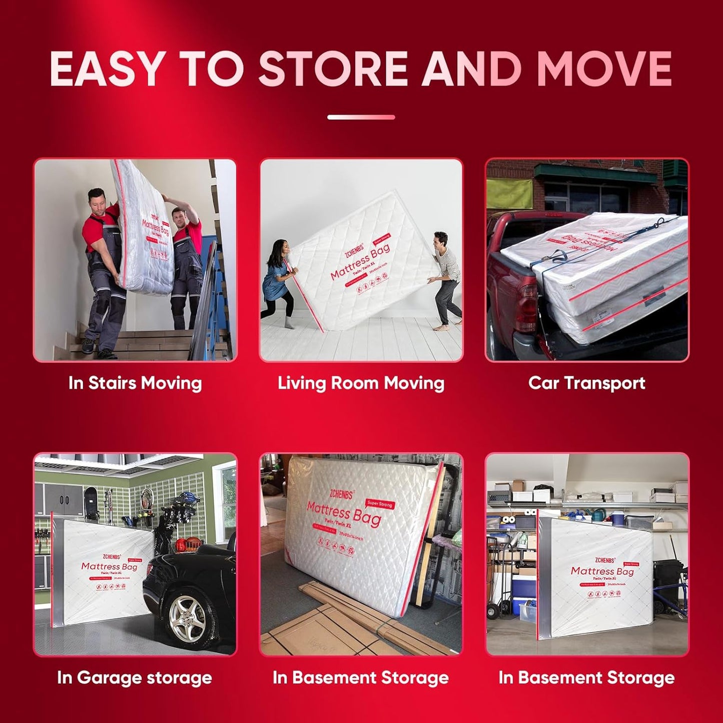 ZCHENBS® – Mattress Bags for Moving and Storage,Mattress Bag with Zippers,5 Mil Ultra-Thick Bed Bag,Waterproof,Anti-Tear,Heavy-Duty Mattress bag (Transaparent/Red, Twin/Twin XL-(2 Pack))