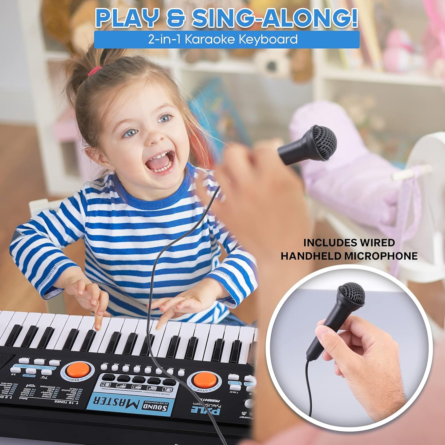 Pyle Electric Keyboard Piano - 49-Key Portable Digital Karaoke Piano with Stereo Speakers, Rechargeable Battery, and Wired Microphone for Beginners, Kids, Adults - 8 Rhythms, 16 Tones