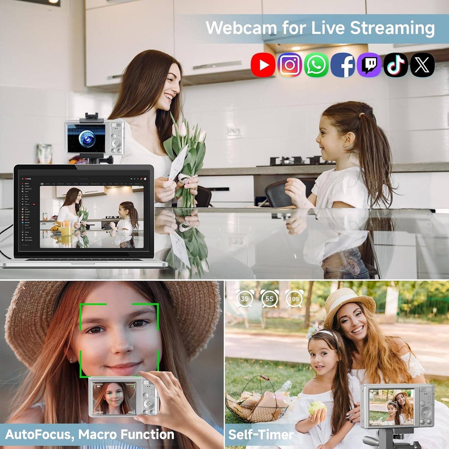 Digital Camera, 2025 4K 44MP Autofocus Digital Cameras for Teens, Silver Point and Shoot Camera for Kids with 16X Zoom, 64GB SD Card, Compact Small for Boys Girls Teens Kids Gift