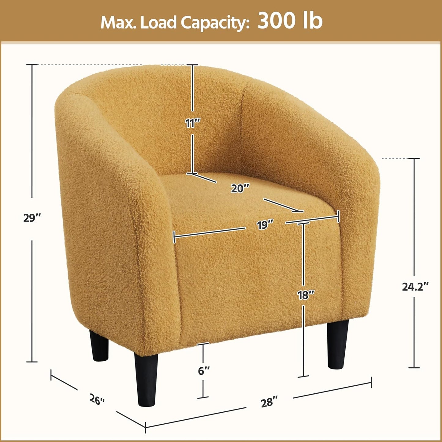 Yaheetech Accent Barrel Chair, Boucle Fabric Club Chair, Furry Sherpa Elegant and Cozy, Soft Padded Armchair for Living Room Bedroom Reception Room Office, Mustard Yellow