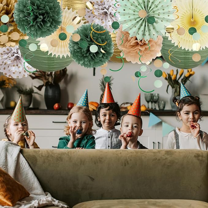23PCS Sage Green Party Decoration,Green Paper Lanterns Fans,Pom Poms Flowers,Hanging Party Garland for Women Girls Boys Adults Birthday Party,Wedding,Baby Shower,Bridal Shower Party Decor