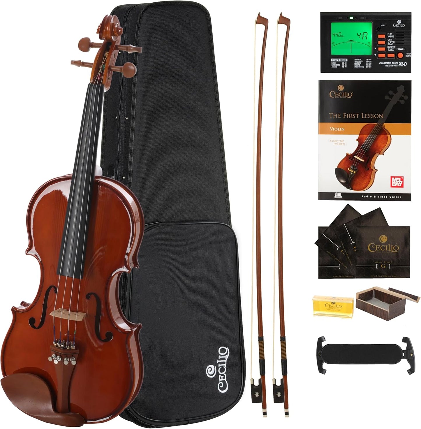 Cecilio 1/4 Size Natural Varnish Violin for Beginners, Hand-Carved Solid Spruce Top, Maple Back & Sides, Full Fiddle Kit with Hard Case, Bows, Rosin, Shoulder Rest, Lesson Book