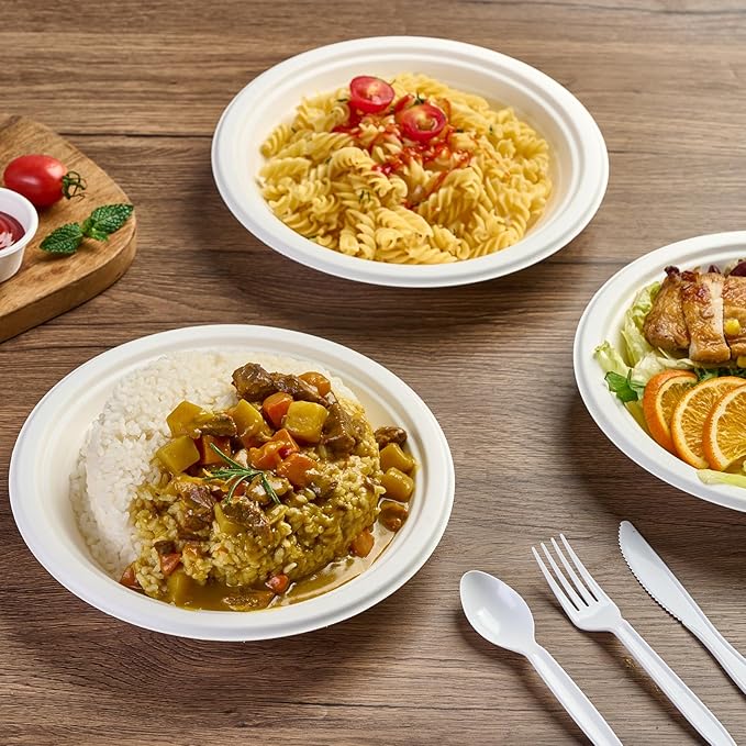 ECOLipak 125 Pack Paper Plates 9 inch 100% Compostable Heavy-Duty Dinner Plates Disposable Bagasse Deep Dish Natural Biodegradable Eco-Friendly Sugarcane(White)