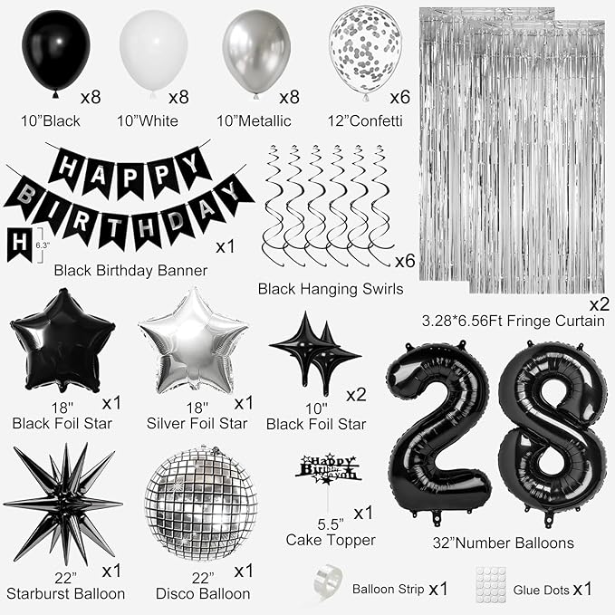 28th Birthday Decorations for Men Women, Black Silver Happy Birthday Party Decorations， 28 Year Old Party Supplies with Number 28 Balloons, Banner, Fringe Curtains Kit
