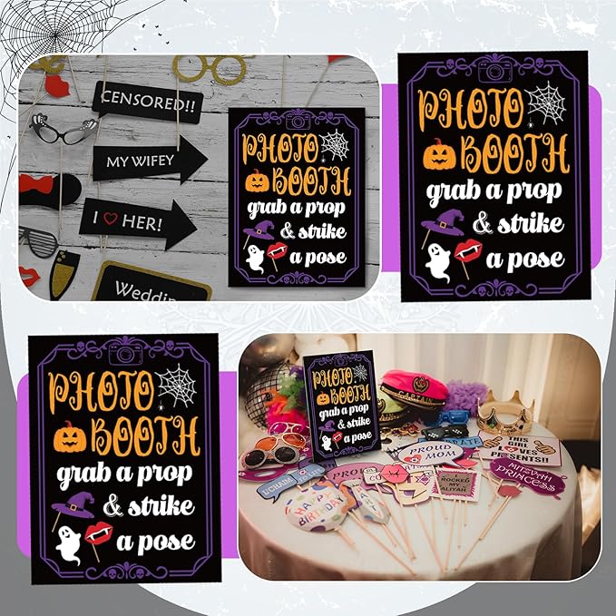 Photo Booth Sign with Stand Retro Background Table for Halloween Indoor and Outdoor Party Theme Event Photography Props Desktop Decoration Supplies