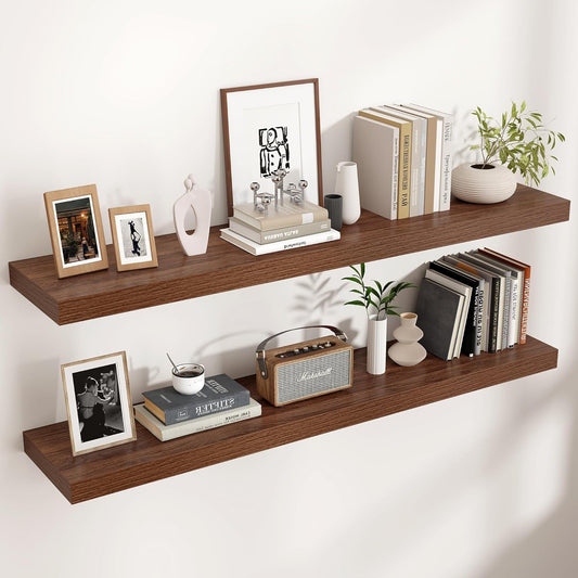 Floating Shelves - 2 Large Wall Mounted Shelves with Invisible Brackets, Long Walnut Wood Floating Wall Shelf for Living Room, Bedroom, Kitchen (48" W x 9" D x 1.5" H)