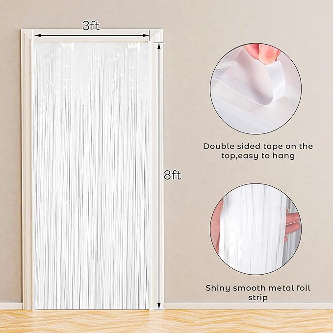 BTSD-home 4 Pack 3x 8ft White Foil Fringe Curtain Backdrop Party Streamers Decorations Metallic Photo Booth Tinsel Theme Bachelorette Graduation Wedding Birthday Bridal Shower Christmas Decor Supplies