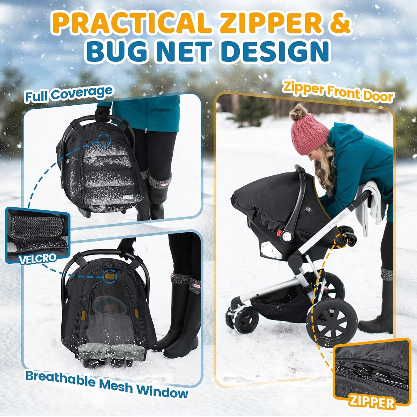 Orzbow Winter Car Seat Cover for Babies, Waterproof Carseat Canopy Cover with Peep Window of Breathable Mesh, Warm and Cozy Baby Car Seat & Carrier Covers for Cold Weather, Machine Washable, Black