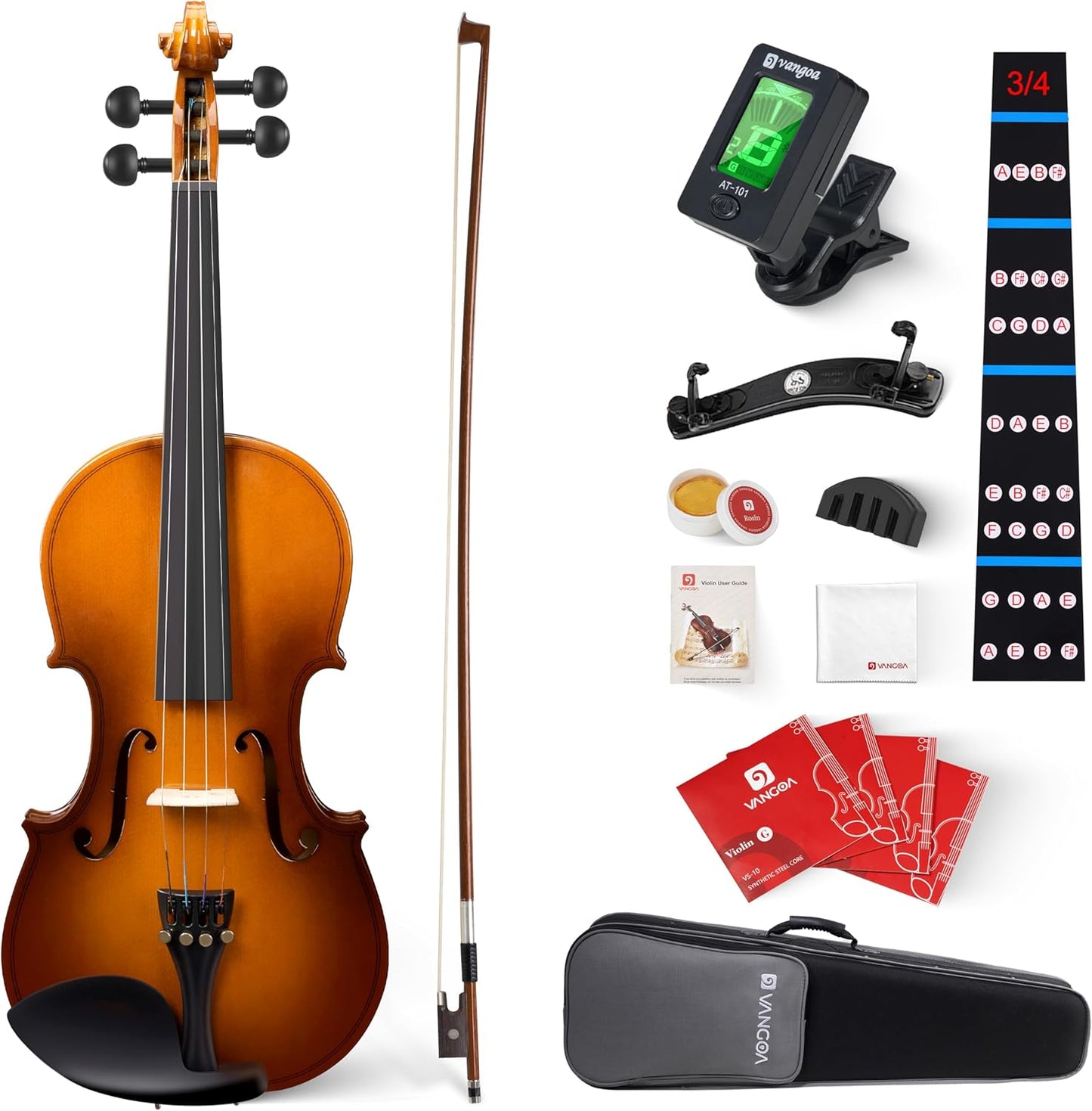 Vangoa Violin 3/4 Size for Kids Full Set, Beginners Fiddle Three Quarter Bundle Acoustic Violins Starter Kit Package Side Solidwood, Hard Case for School Students, Childrens, Adults Ages 9-12