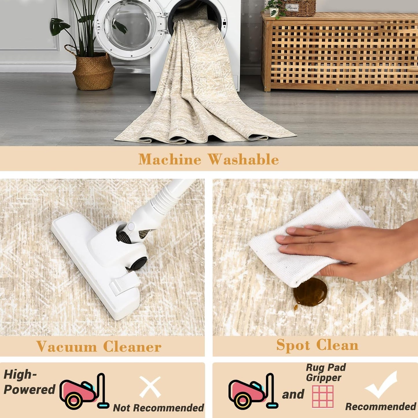 COZYLOOM 4x6 Rug Machine Washable Foldable Printed Area Rug Modern Distressed with Non Slip Design Stain Resistant Non Shedding Pet Friendly Carpet Perfect for Home Decor, Faux Wool, Beige