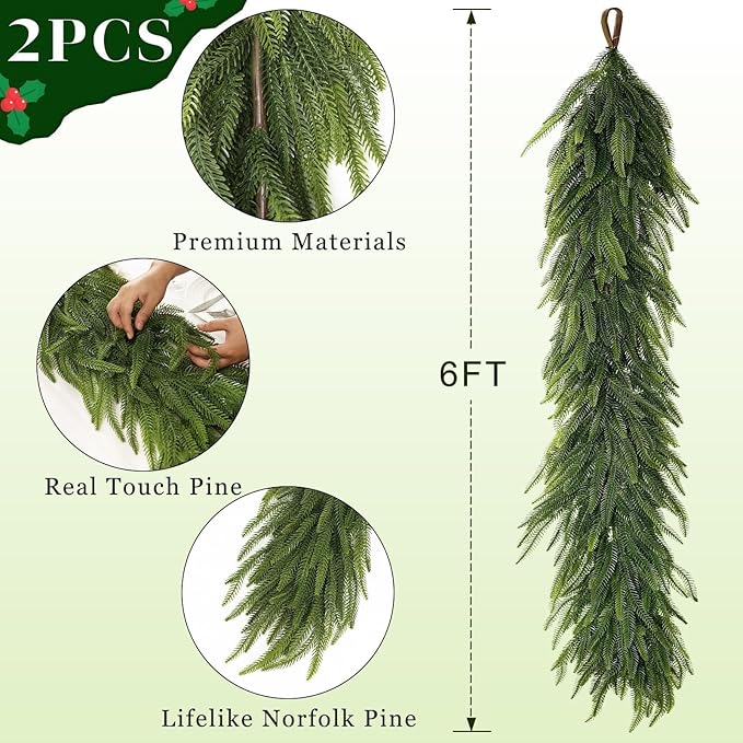 6FT Christmas Norfolk Pine Garland -2PCS, Artificial Pine Needles Garlands Faux Greenery Fake Garland for Holiday Fireplace,Table,Window,Stairs,Mante,Indoor Outdoor Decor