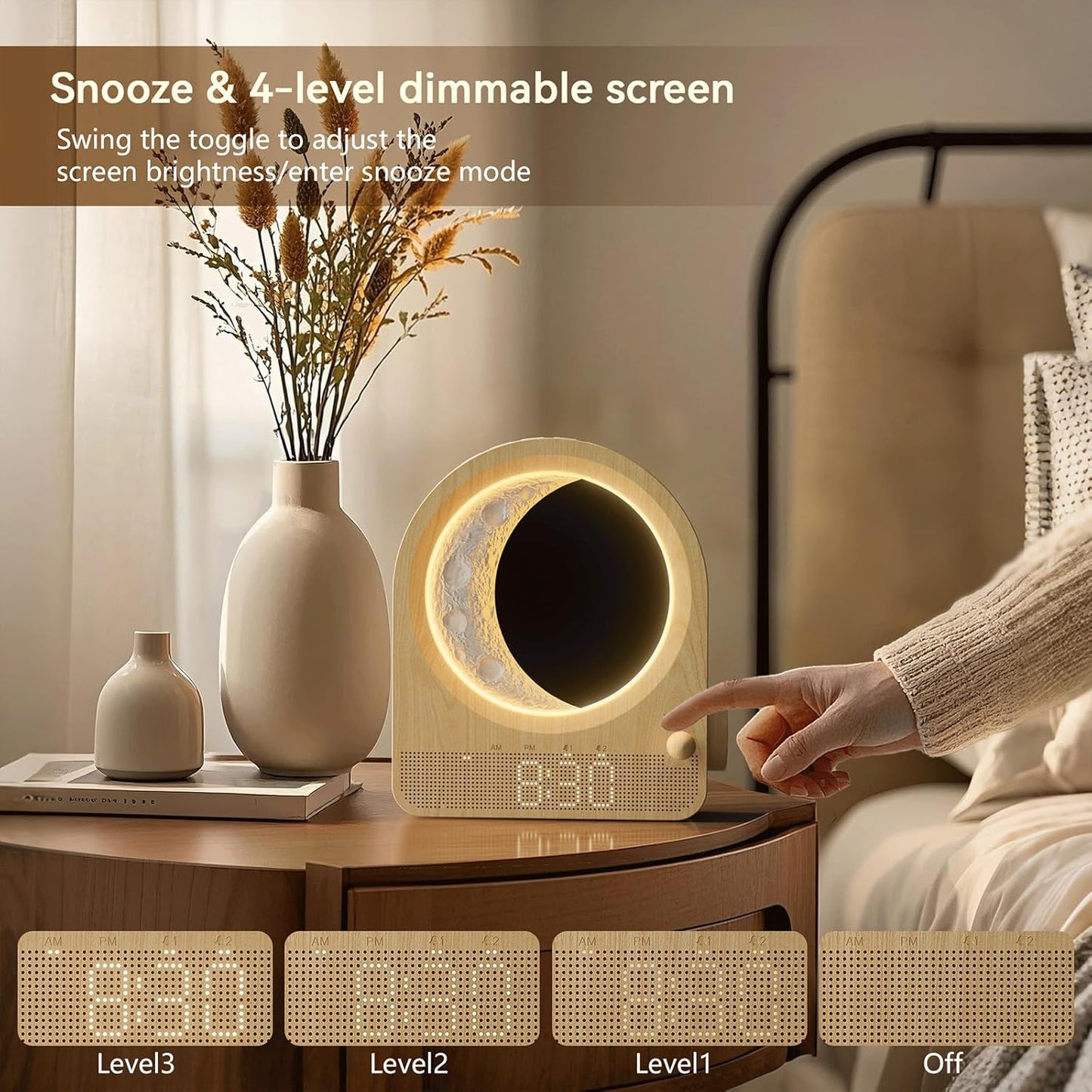 Sunrise Alarm Clocks for Bedrooms, Stepless Dimmable Moon Lamp Dual Alarm Clock Wake Up Light with 12Levels Volume for Heavy Sleepers, 10 Natural Sounds with 30/60/90min Timer Night Light