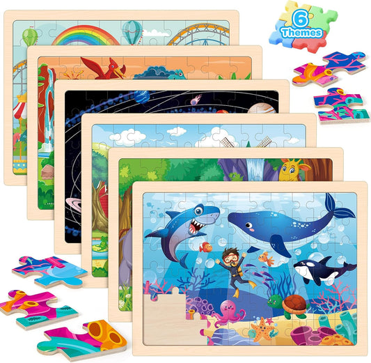 LACCHOUFEE 6 Pack Wooden Vehicle Puzzles for Kids Age 3 4 5 Year Old, 60 Pcs Montessori Toddler Animals Jigsaw Puzzles for Girl boy Activities Preschool Learning Birthday Gift Travel Autistic Toy