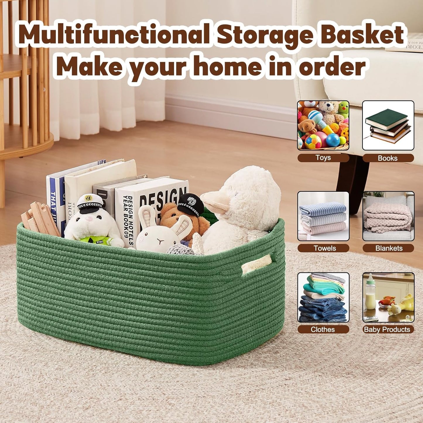 OIAHOMY Storage Basket for Shelves, Closet Cube Storage Bins Baskets for Clothes Blanket Towels, Baby Nursery, Toy Baskets Box, Woven Rope Basket, 17.72*12.99*7.87 IN, 2 Packs Olive Green