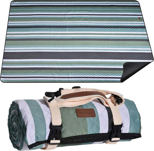 Waterproof Picnic Blanket 80" x 80" in Portable with Carry Strap for Beach Mat or Family Outdoor Camping Party, Park Blanket for Grass Park, Hiking, Travel, Concerts (Green&White, 80" x 80")
