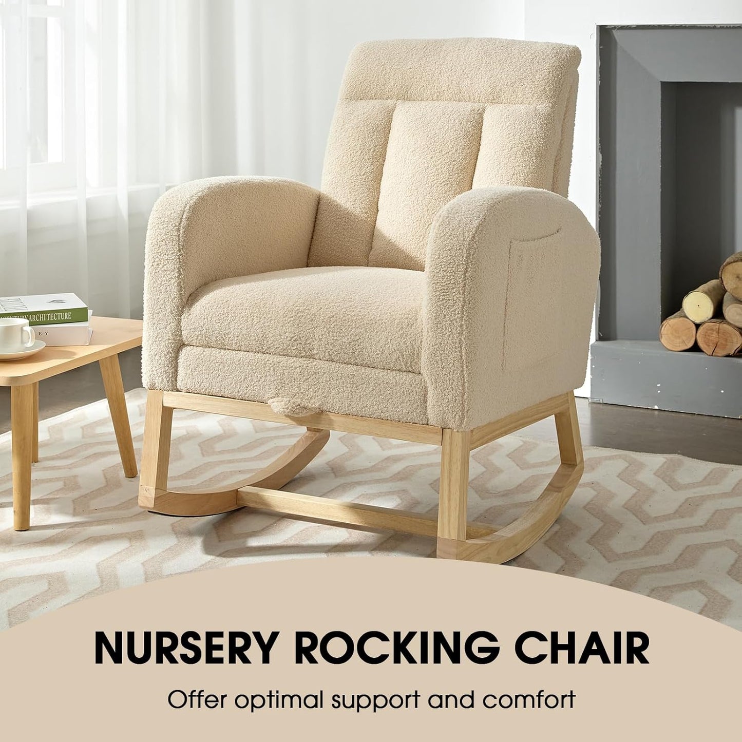 NIOIIKIT Modern Nursery Rocking Chair, Teddy Upholstered Rocking Chair with Footrest, Comfortable Glider Rocker with Side Pocket for Living Room, Bedroom, Nursing Room (Beige)