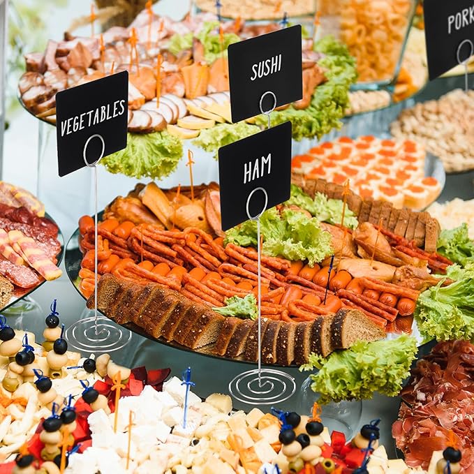 TecUnite 12 Pcs Mini Chalkboard Signs, 4"x3" Small Chalkboard Label with Metal Stand 2 Water Based Chalk for Food Buffet Tabletop Blackboard Sign for Party Bakery(Silver,8.7 x 2.8 in)