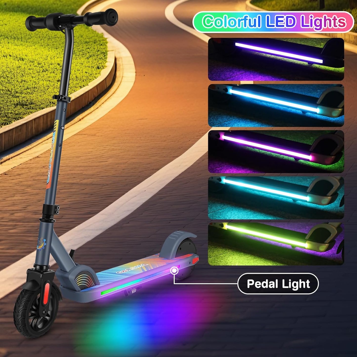 Caroma Electric Scooter for Kids Ages 6-12,150W/180WMotor,10 MPH Max Speed & 7 Miles,Colorful Lights,Adjustable Height & Speed,LED Display,Foldable Kids Electric Scooter 132 Lbs Max Load,Idea Gift