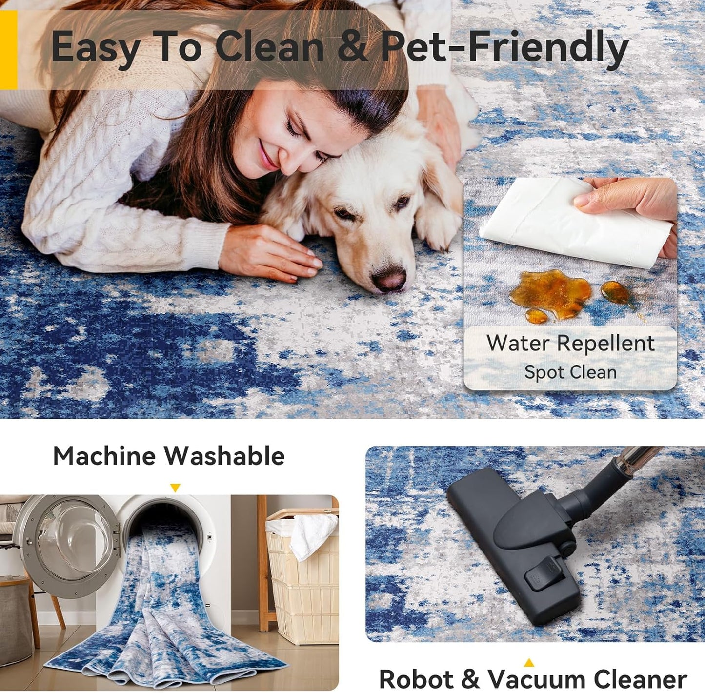 Washable Area Rugs 4'x6' Non-Slip Modern Abstract Soft for Living Room Entryway Bedroom Nursery, Print Pattern, Blue Grey Navy Gray