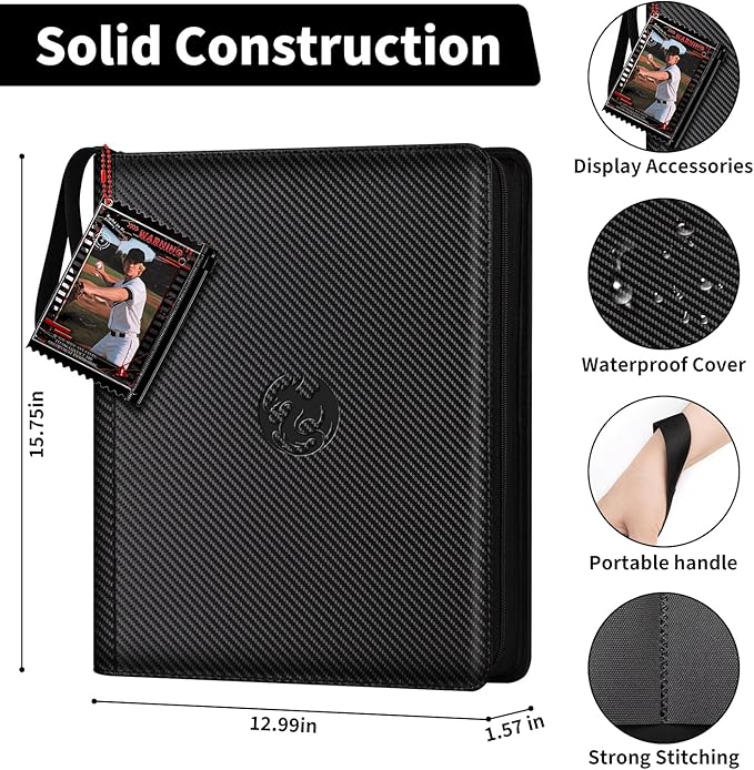 9-Pocket Toploader Binder, Baseball Football Sports Game Cards for 3"x4" Rigid Toploaders Trading Card Collection Album Holds 288 Cards Waterproof Storage Book Easy to Insert (Black)