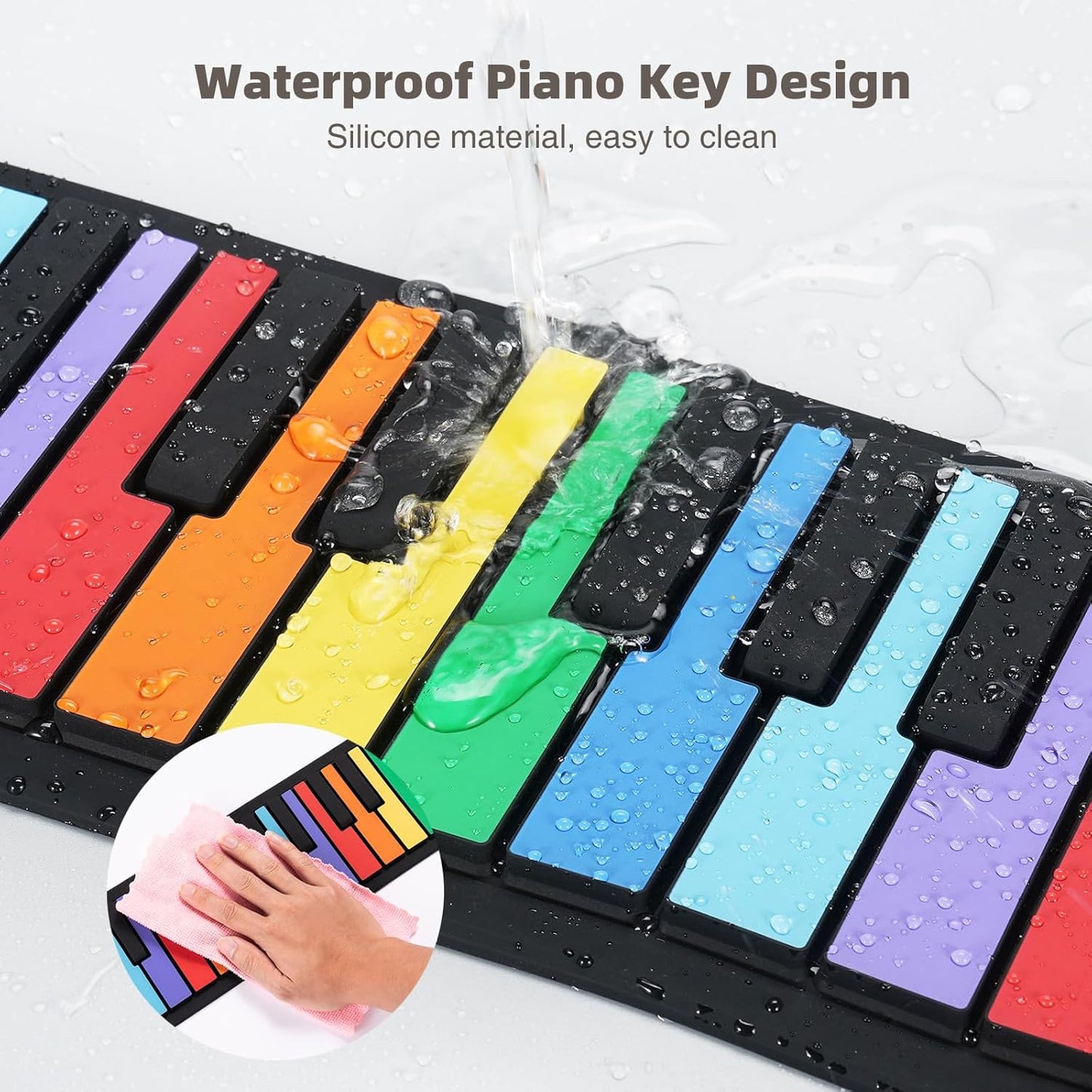 49 Key Roll Up Keyboard Piano, Portable Digital Electric Foldable Piano Keyboard, Rechargeable, 8 Tones, 6 Educational Demo Songs, for Beginners Gift (Rainbow)