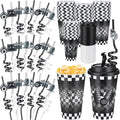 Yungyan 36 Sets Checkered Flag Party Favors Goodie Cups with Lids and Straws for Birthday Decorations Reusable 16oz Plastic Candy Cups Plastic Straws for Birthday Party (Checkered Flag)