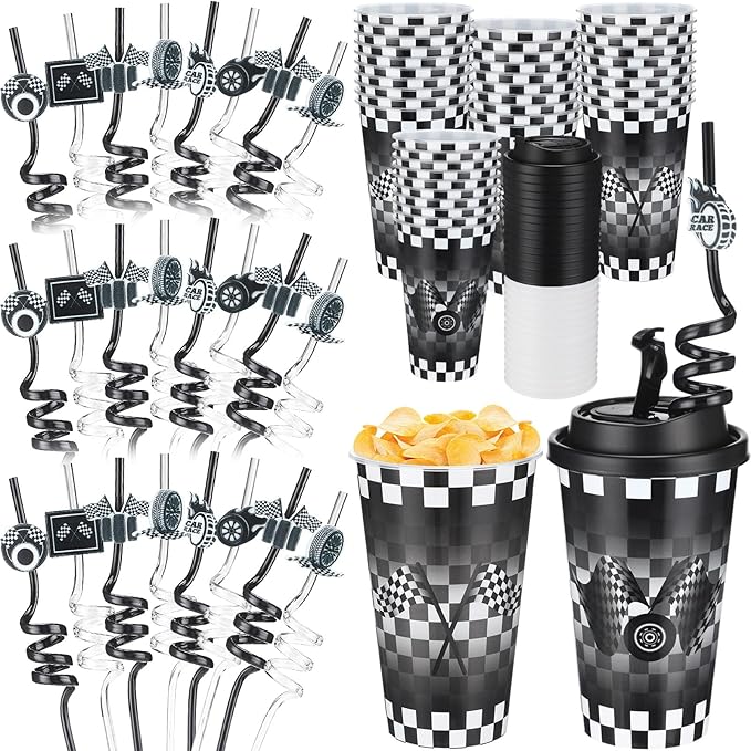 Yungyan 36 Sets Checkered Flag Party Favors Goodie Cups with Lids and Straws for Birthday Decorations Reusable 16oz Plastic Candy Cups Plastic Straws for Birthday Party (Checkered Flag)