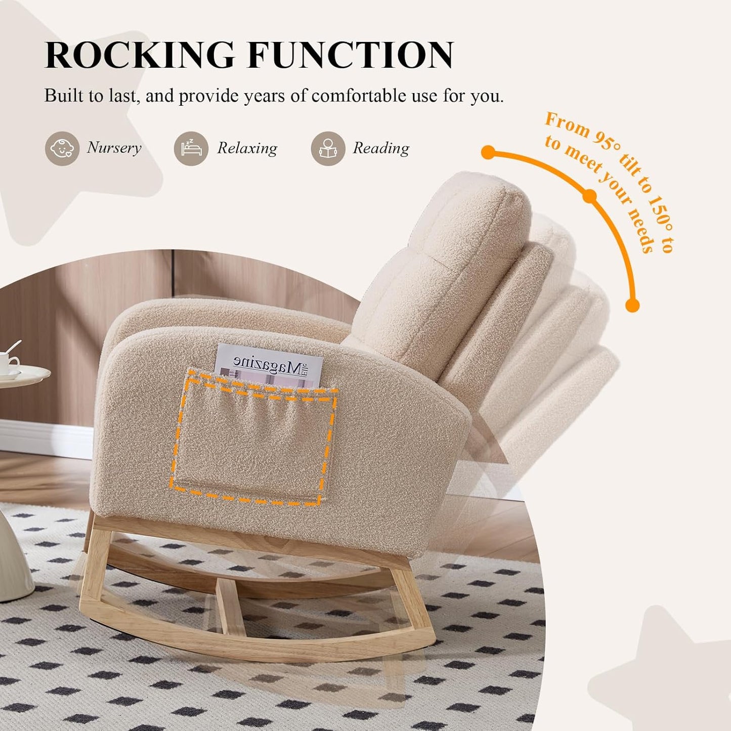 NIOIIKIT Nursery Rocking Chair, Teddy Upholstered Glider Chair with Side Pocket, Glider Rocker Chair with Tufted Back, Comfy Accent Nursing Chair for Living Room (Beige Retro)