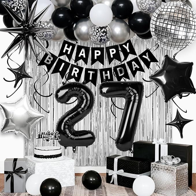 27th Birthday Decorations for Men Women, Black Silver Happy Birthday Party Decorations， 27 Year Old Party Supplies with Number 27 Balloons, Banner, Fringe Curtains Kit