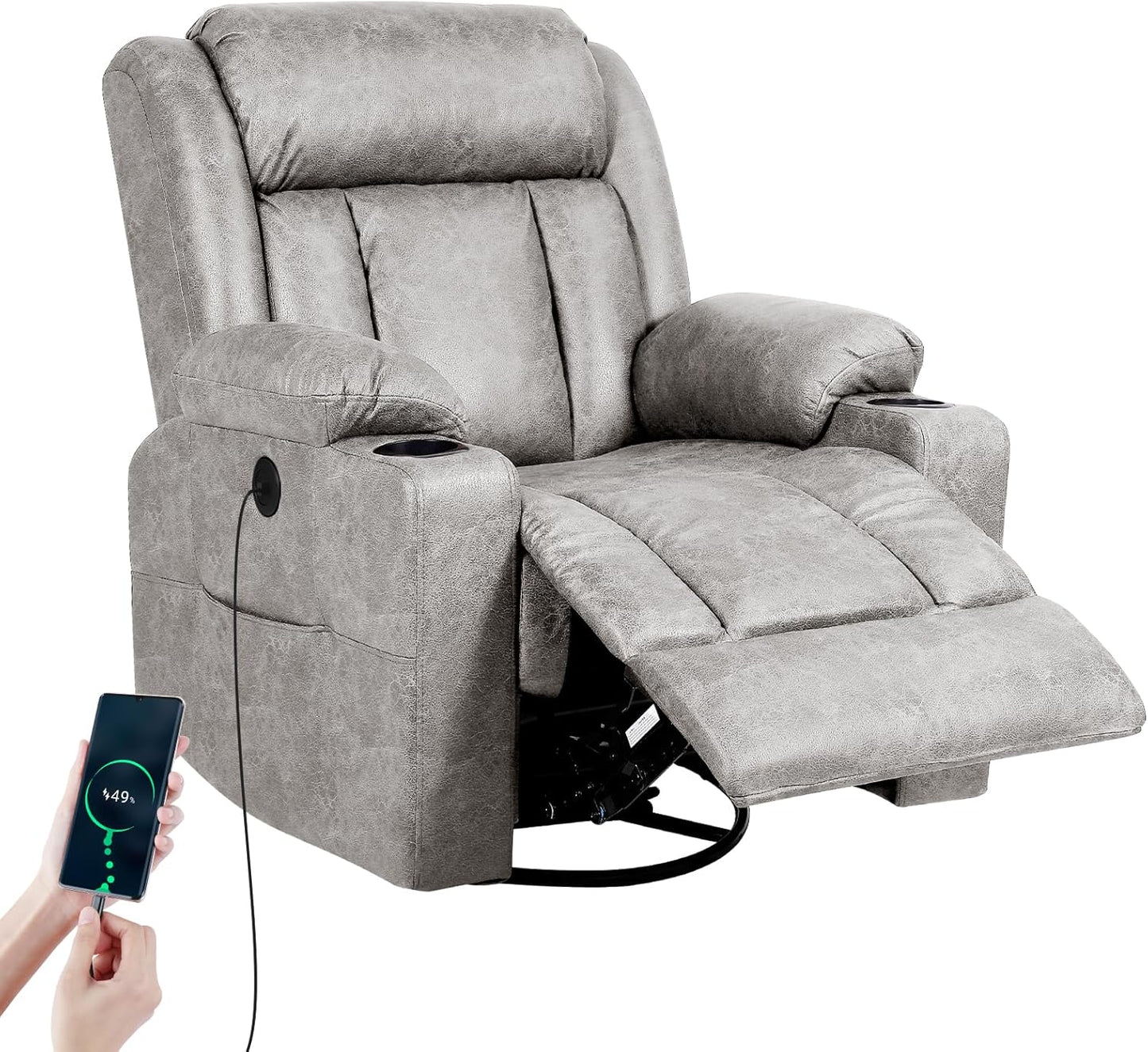 Retro Rocking Recliner Chair, Massage Rocker Recliner Chair with Vibration Massage and Heat, USB and Type-C Ports,360° Swivel Chairs, Living Room, Bedroom, Nursery, RV, Light Grey