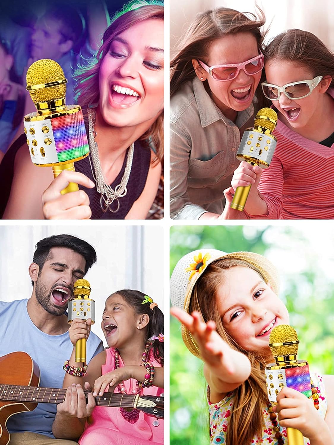 BlueFire 4 in 1 Karaoke Wireless Microphone with LED Lights, Portable Microphone for Kids, Great Gifts Toys for Kids, Girls, Boys and Adults (Gold)