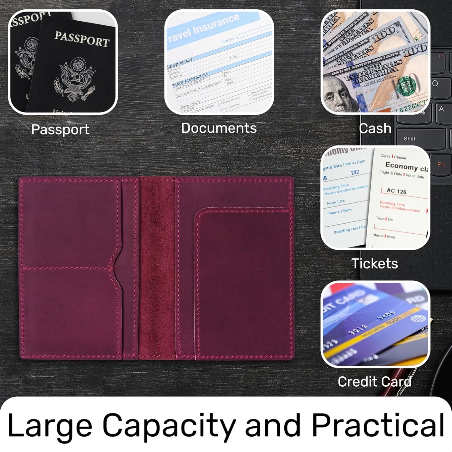 HIFA Leather Passport Holder, Handmade Passport Cover with Card and Ticket Slot - Genuine Leather, Elegant Design, Easy Access - Passport Case, Passport Wallet, Passport Holder