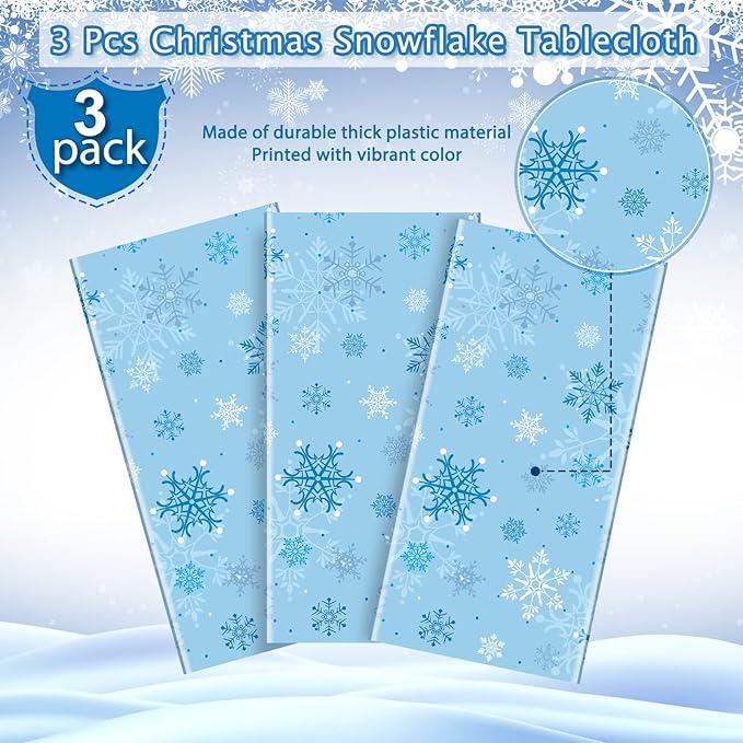 3 Pieces Snowflake Christmas Tablecloth, Plastic Ice Blue and White Winter Wonderland Table Cover for Holidays, 54x108 inch