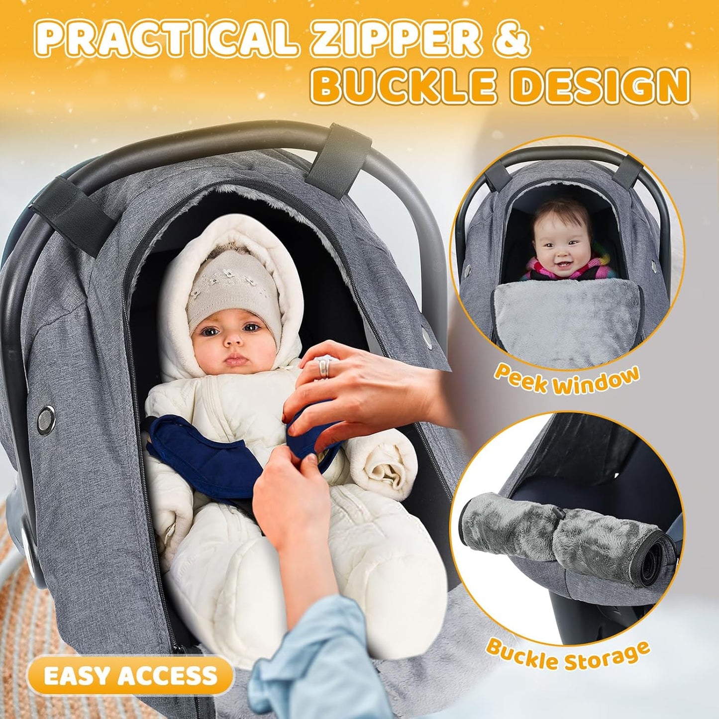 Orzbow Baby Car Seat Cover, Winter Carseat Cover with Zipper Access, Weather & Wind Proof, Side Breathable, Compatible with Doona Car Seats and Strollers, Newborn Essentials Carrier Canopy, Light Grey