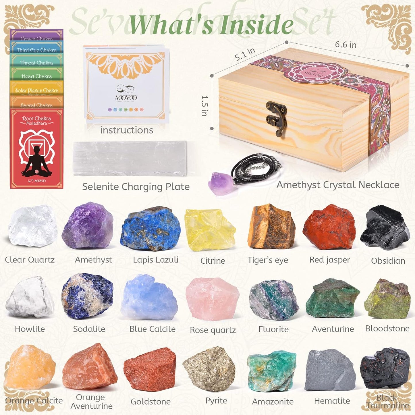 AOOVOO 31Pcs Real Crystals and Healing Stones with Crystal Necklace, Crystals for Beginners with Guide, 21 Real Healing Chakra Stones, Rose Quartz