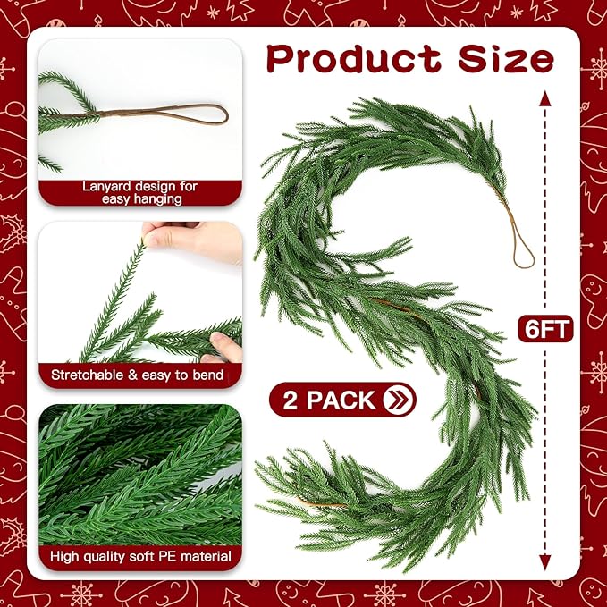 2Pcs 6ft Artificial Norfolk Pine Garland,Christmas Garland Greenery Garland for Mantle, Fireplace, Table, Wall, Window, Bedroom, Indoor Outdoor Holiday Winter Christmas Decorations (2, 6FT)