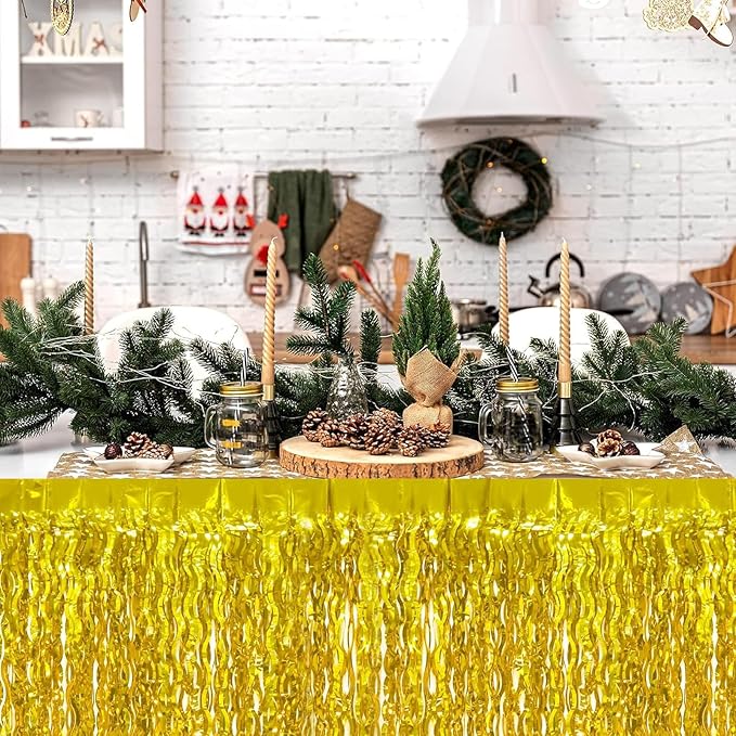 4P Wavy Metallic Tinsel Foil Fringe Table Skirts for Rectangle Tables Backdrop Garland Curtains for Parade Floats Wedding Birthday Parties Decoration Graduation 2025 Christmas (Gold)