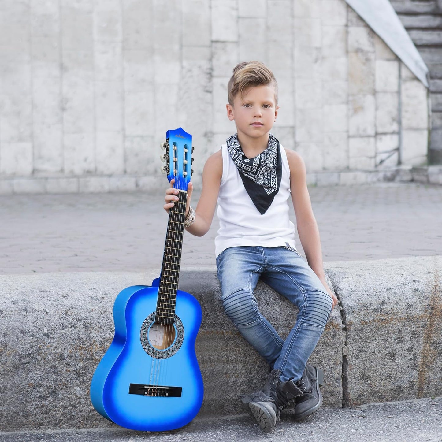 ADM Beginner Acoustic Classical Guitar 34 Inch Nylon Strings Wooden Guitar Bundle Kit for Kid Boy Girl Student Youth Guitarra Online Lessons with Gig Bag, Strap, Tuner, Strings, Picks, Blue