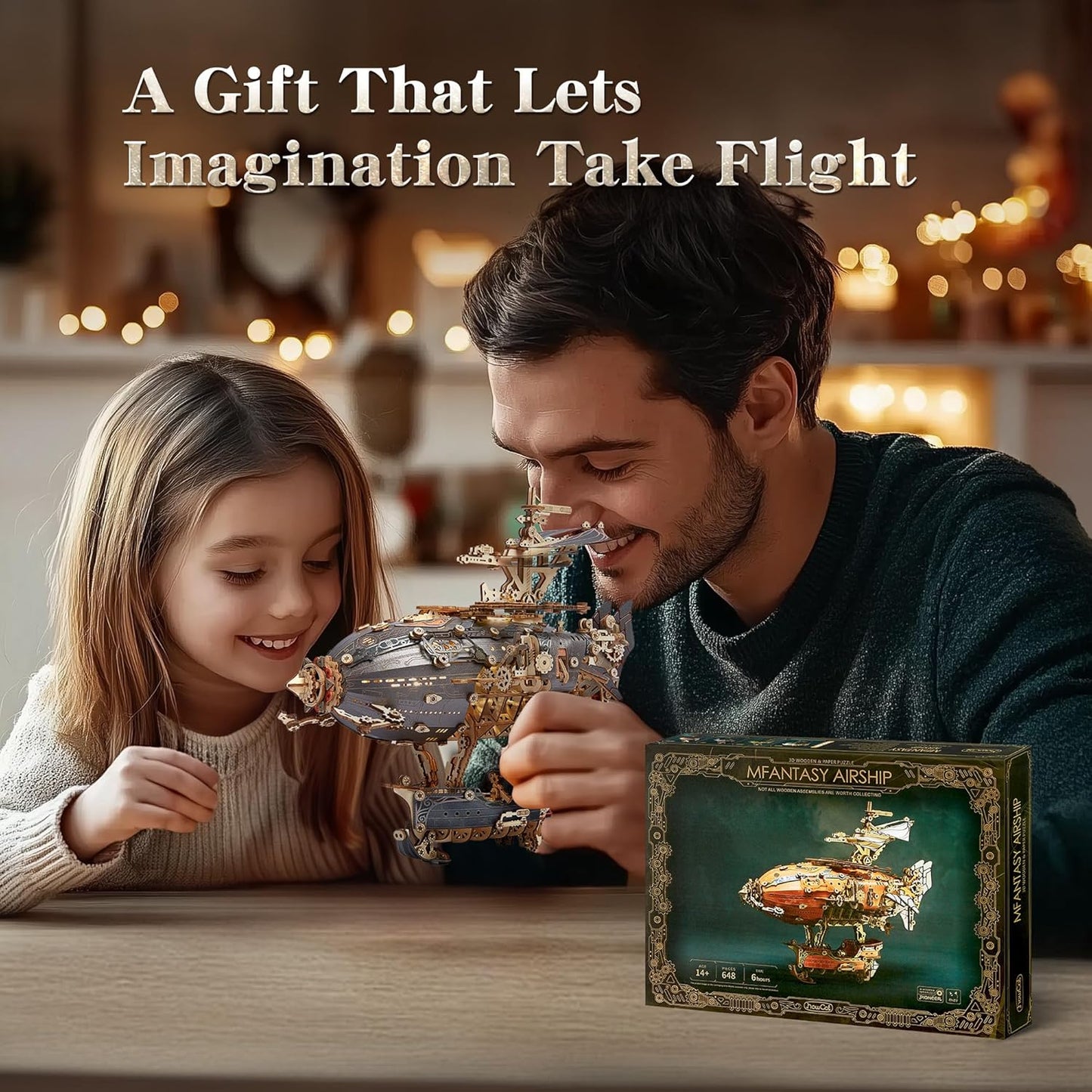 LED 3D Wood Puzzle Fantasy Airship Model - Steampunk DIY Craft Kit with LED Lights – Intricate Wooden Airship Model Building Set for Teens and Adults(Gray)