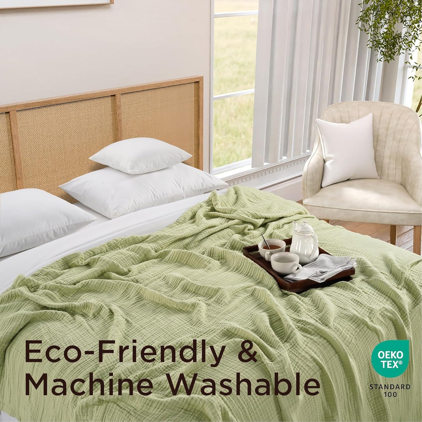 Threadmill Muslin Blanket for Twin Size Bed | 4-Layer Gauze Cotton Throw | Soft, Breathable, and Lightweight for All Seasons | Ideal Blanket or Bed Blanket | Sage Green