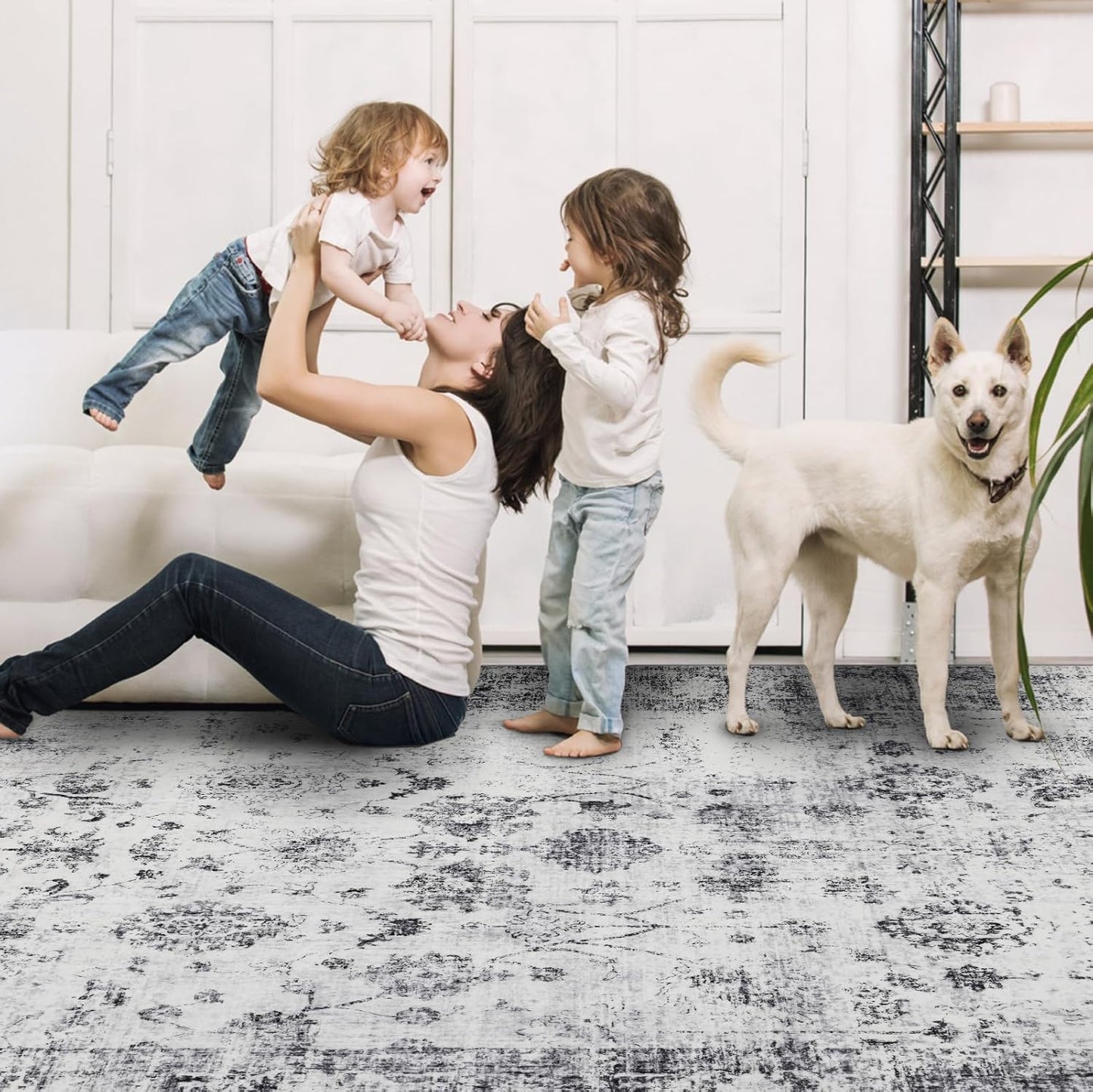 Washable Area Rugs 8x10, Large Rugs for Living Room, Carpet for Bedroom, Soft Faux Wool Retro Dining Room Rug, Non-Slip Backing Resistant Low Pile Vintage Print Rug for Home Office (White/Grey)