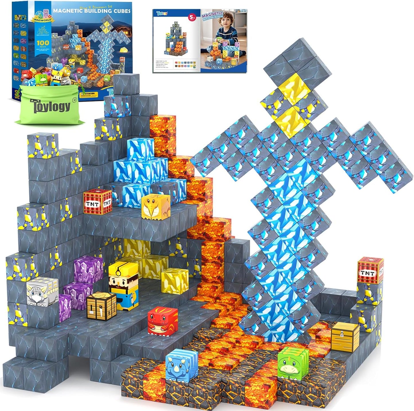 100PCS Magnetic Blocks-Build Mine Magnet World Jurassic Sword Dinosaur Toys Building Blocks for Boys Girls Ages 3-5 5-7, Classroom Must Haves Stem Education Sensory Kids Toys Christmas Birthday Gifts