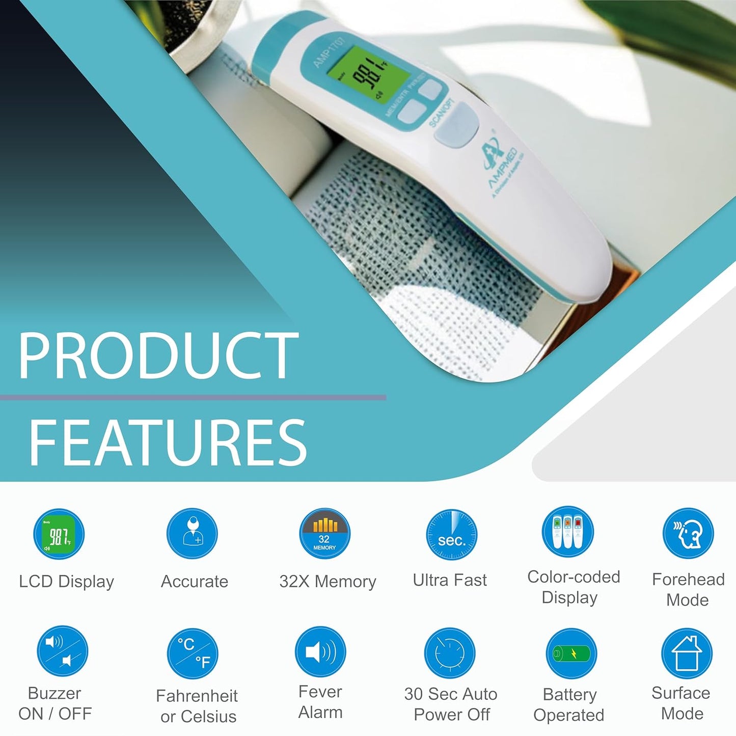 Amplim Non-Contact Forehead Thermometer & Case for Adults, Kids, Baby, FDA Cleared, Medical Grade, Touchless Infrared, 1-Sec Reading, Fever Alarm, Memory Recall, Quiet Mode, (White)