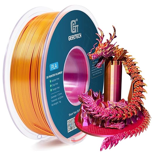 Geeetech Silk PLA Tri Color Filament 1.75mm 3D Printer Filament, Coextrusion Red Gold Purple Tri-Colors Metal-Like Shiny Silk PLA Filament, 1kg (2.2lbs) 1 Spool, Dimensional Accuracy +/- 0.02 mm