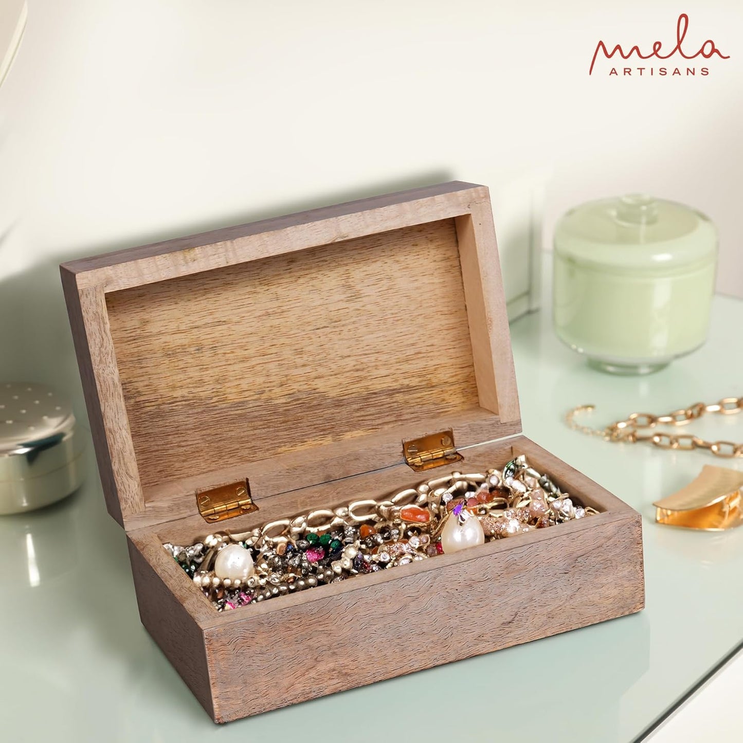 Scallop Wooden Box (Medium) - Light Burnt Over Grey Decorative Box with Lid w/Felt Pads Underneath & Wooden Carving - Unique Handmade Mangowood Keepsake Storage Box for Home - 7.5 x 4.5 x 3"