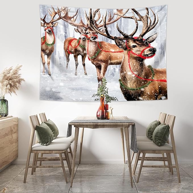 QGHOT Winter Tapestry Wall Hanging Winter Forest Backdrop Christmas Snowy Deer Wall Decor Snow Elk Tapestries for Bedroom Living Room Dorm Party Decoration, Small