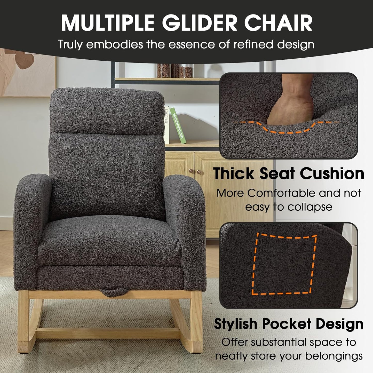 NIOIIKIT Modern Nursery Rocking Chair, Teddy Upholstered Rocking Chair with Footrest, Comfortable Rocker Chair with Side Pocket, Rocker Chair for Living Room, Bedroom, Nursing Room (Grey)